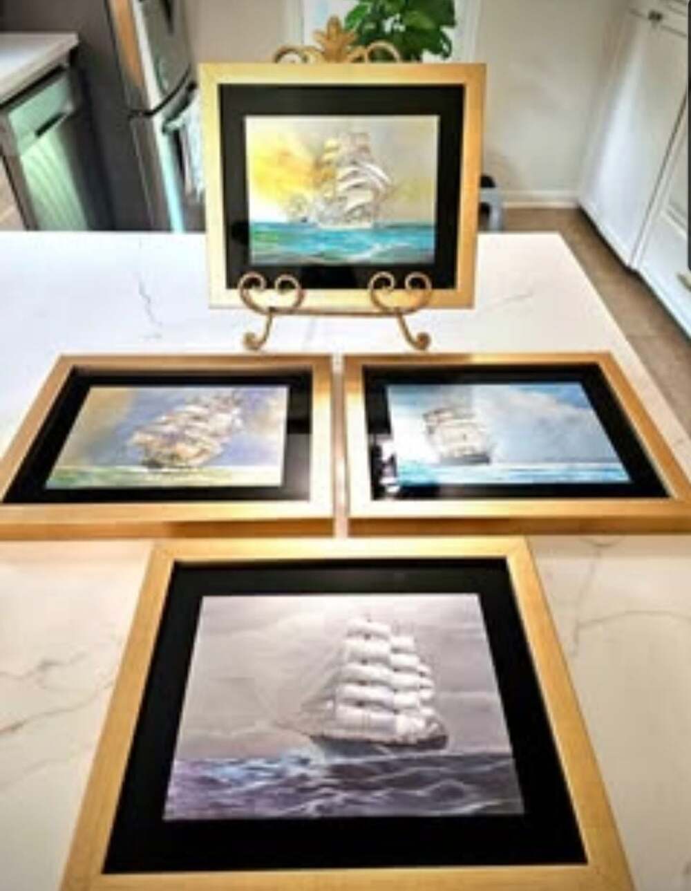 Set of 4 Vintage 1980s Dufex Foil Sailing Ship Prints in Gold Frames